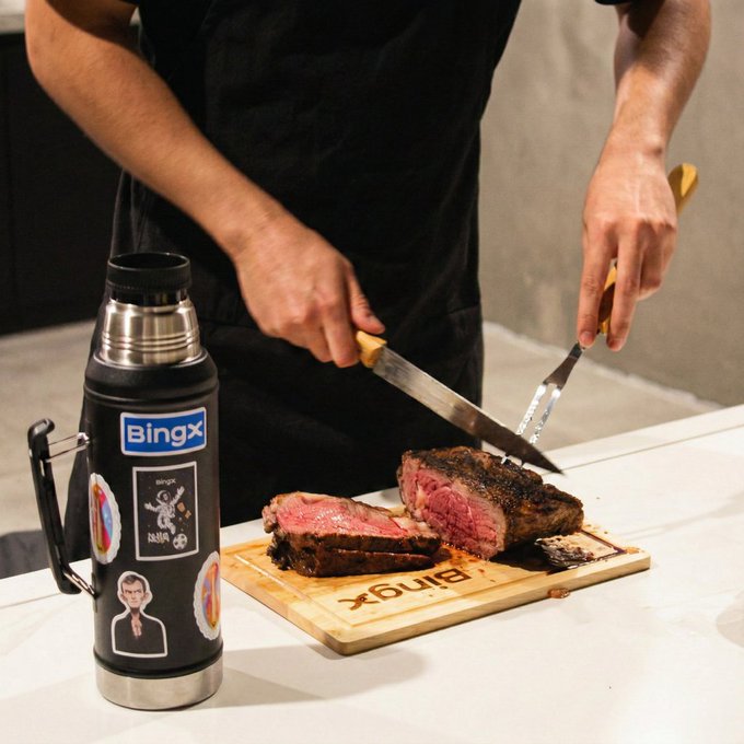 A chef carves into a perfectly pink-centered steak on a wooden BingX-branded cutting board, with a matching BingX thermos in the foreground. The image visually parallels the caption's metaphor of a flawless "trade" by presenting the steak as a precision-cut, expertly prepared dish—much like a successful BingX trade.