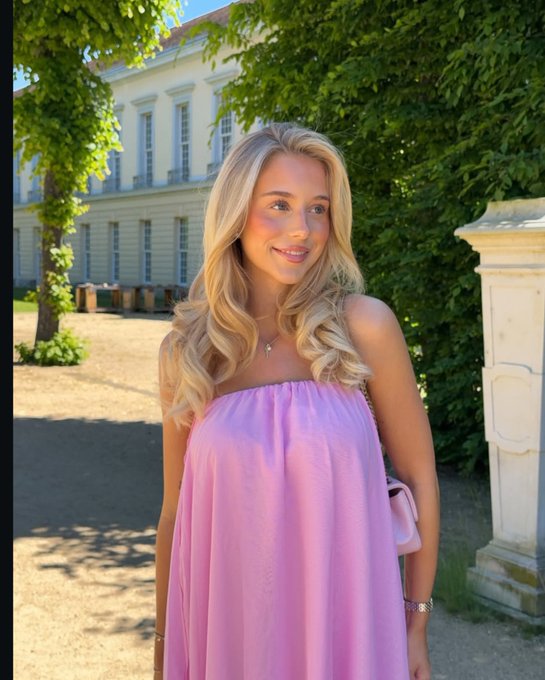 A blonde woman in a strapless pink dress stands outdoors on a sunny day, with a large historic building and green trees behind her.