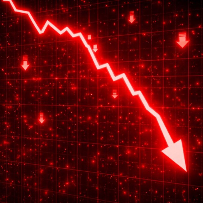 Red-tinted financial chart graphic featuring a jagged downward-trending arrow with multiple downward-pointing arrows indicating a sharp market decline or crash.