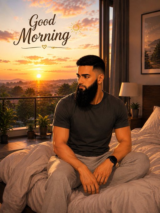 A bearded man sits on a bed in a sunlit room with "Good Morning" text in the upper left, gazing thoughtfully toward a sunrise over a forested landscape. The serene, contemplative morning scene pairs with the post's message to symbolize a fresh start and purposeful focus as the Web3 community builds the decentralized future.