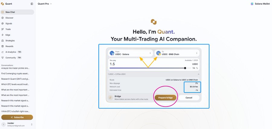 Quant Pro trading interface showing a USDC-Solana to USDC-BNB Chain bridge swap with 1.5 USDC and a 'Prepare bridge' button highlighted.