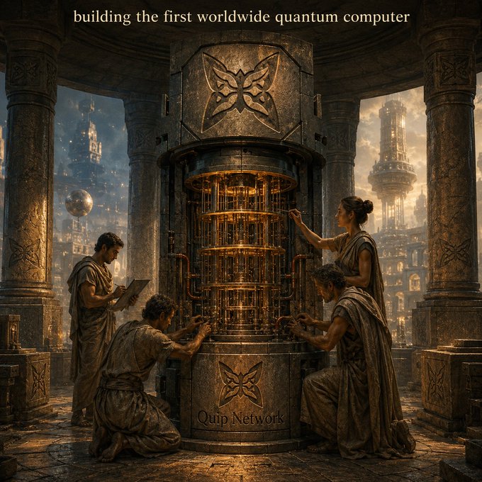 The image features four people gathered around a large machine with a butterfly design on its side. The group appears to be working together, possibly building a worldwide quantum computer. One person is holding a book while they all focus their attention on the intricate mechanism before them. The scene suggests that this project has been in progress for some time and may have been started by one of the individuals present.