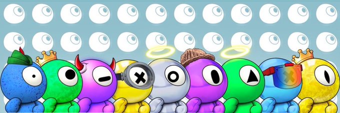 A row of colorful cartoon characters wearing various accessories like crowns, horns, halos, and hats sits beneath two rows of white spherical faces, visually representing the "Quantums" concept from the $Quant meme project being introduced to the Robinhood Chain.
