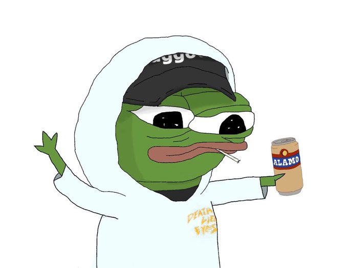 A Pepe the Frog cartoon character wearing a backwards cap and white hoodie holds up a can of "Alamo" beer, with "DEATH BEFORE EYES" scrawled on the hoodie—fitting the casual "Gm bros" crypto culture greeting with its chill, meme-vibe aesthetic.
