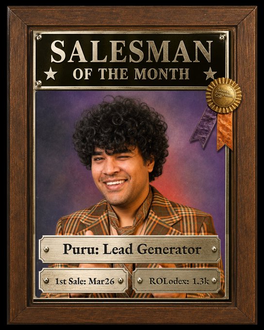 A framed 'Salesman of the Month' award plaque features a smiling man in a 70s-style curly wig and brown plaid suit, named 'Puru: Lead Generator' with '1st Sale: Mar 26' and 'ROLodex: 1.3k'.