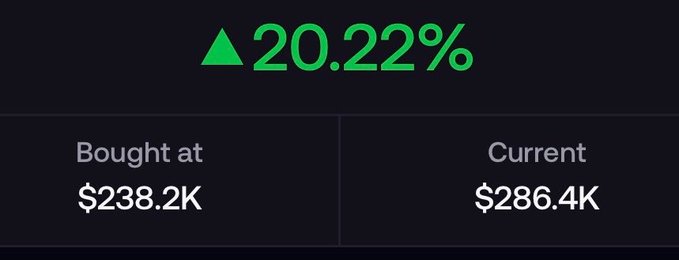 A trading screen showing a 20.22% gain, with a buy price of $238.2K and current value of $286.4K.