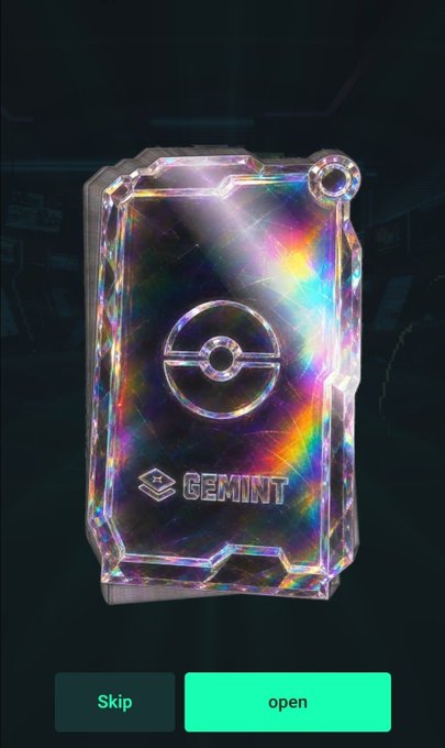 A digital "GEMINT" card with a holographic, iridescent design and "Skip" and "open" buttons at the bottom.