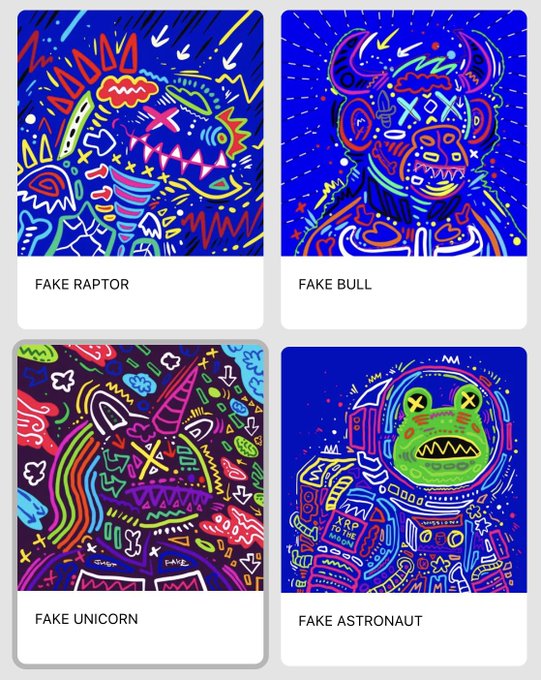 Four NFT artwork cards labeled FAKE RAPTOR, FAKE BULL, FAKE UNICORN, and FAKE ASTRONAUT, each featuring colorful, abstract, doodle-style illustrations of the named subjects.