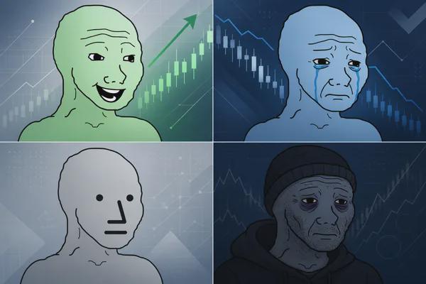 A four-panel Wojak meme showing different emotional states set against stock market candlestick charts, representing bullish, bearish, neutral, and depressed trading emotions.