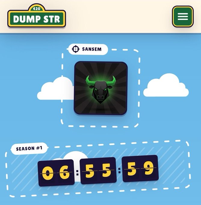 A mobile screenshot from the "Dump Str" app (showing a score of 420) displays the ticker "$ANSEM" with its green bull logo at the top, while a countdown timer below reads "06:55:59" under a "SEASON #1" banner, illustrating the app's countdown to an anticipated price drop of the highlighted cryptocurrency.