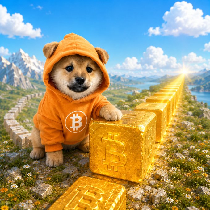 A Shiba Inu puppy in an orange Bitcoin hoodie next to a row of glowing gold Bitcoin blocks stretching across a scenic landscape.