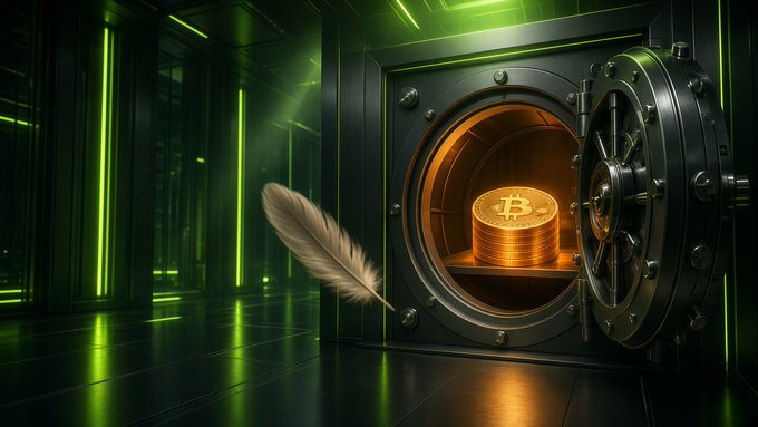 AI-generated image of golden Bitcoin coins stacked within a circular vault, accompanied by a floating white feather against a backdrop of green neon-lit server racks.