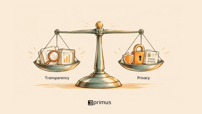 An illustrated balance scale weighs “Transparency” against “Privacy,” with documents and analytics on one side and a padlock, shield, and credential card on the other. The “primus” logo appears at the bottom, reinforcing the post’s question about authenticating offchain data for onchain oracles.