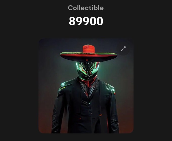 A dark digital artwork of a masked figure wearing a wide-brimmed red sombrero and a black suit, labeled 'Collectible 89900' at the top.