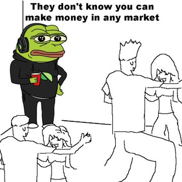 A meme featuring a green frog wearing headphones and holding a cup, with text reading 'They don't know you can make money in any market', while people dance in the background.