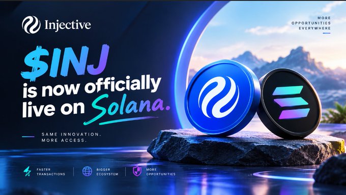 A promotional banner announces that Injective's $INJ token is now officially live on Solana, featuring 3D coin renderings of both logos and taglines including 'FASTER TRANSACTIONS', 'BIGGER ECOSYSTEM', and 'MORE OPPORTUNITIES EVERYWHERE'.