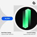 A promotional graphic featuring a 3D green crystal-like logo with the ticker "ALIGN" in a blue badge, alongside "Spot New Listing" and "Convert Listing" sections dated August 24, 2026, with Gate.io branding in the corner, supporting the announcement of $ALIGN's new spot and convert trading listings.