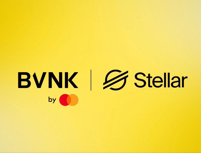 A yellow graphic displays the logos 'BVNK by Mastercard' and 'Stellar' separated by a vertical line.