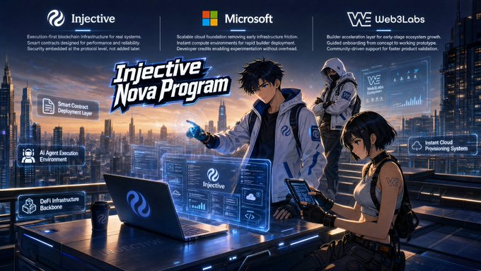 ersiive.nova program features a futuristic cityscape and characters, with the title "Injective.Nova Program" displayed at the top.