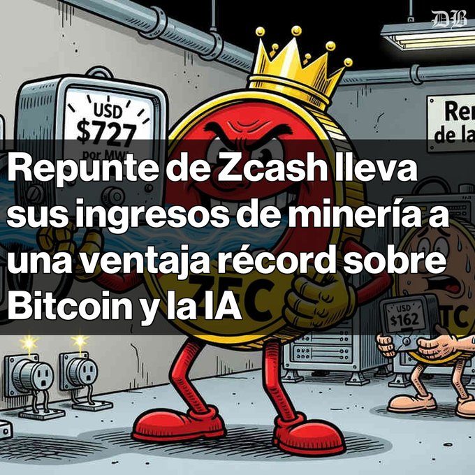 A cartoon illustration shows an anthropomorphized Zcash coin wearing a crown with the Spanish text 'Repunte de Zcash lleva sus ingresos de minería a una ventaja récord sobre Bitcoin y la IA.'