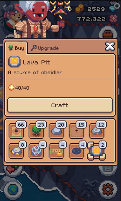 A pixel-art video game screenshot showing a craft menu for a 'Lava Pit' that produces obsidian, requiring 40/40 resources, with various item icons displayed below.