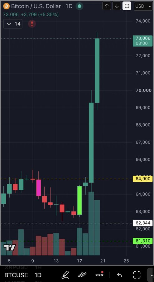 A daily Bitcoin (BTCUSD) candlestick chart on TradingView shows a dramatic surge, with price climbing from around $61,310 to $73,006 (+5.35%), accompanied by heavy volume—visually supporting the "I tell you no lies!" caption by displaying undeniable bullish momentum.