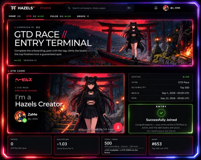 A dashboard titled 'HAZEL'S STUDIO' displays a 'GTD RACE ENTRY TERMINAL' campaign with anime-style artwork, showing a user named 'ZaMe' has 'Successfully Joined' with a 1.03 multiplier and 500 total VORAI.