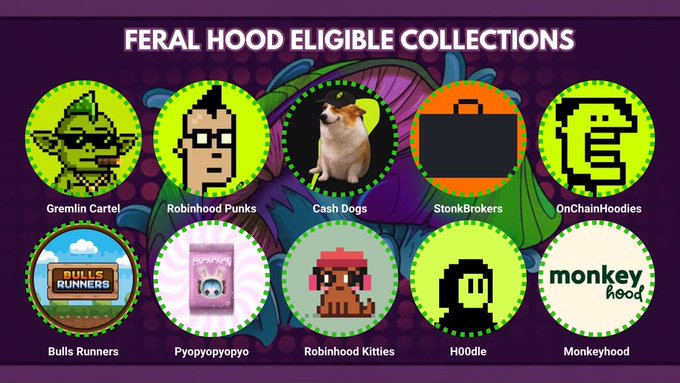 The image displays "FERAL HOOD ELIGIBLE COLLECTIONS" with ten circular icons representing the various NFT communities listed in the post, including H00dle, Monkeyhood, Gremlin Cartel, Robinhood Punks, Cash Dogs, StonkBrokers, OnChainHoodies, Bulls Runners, Pyopyopyopyo, and Robinhood Kitties.