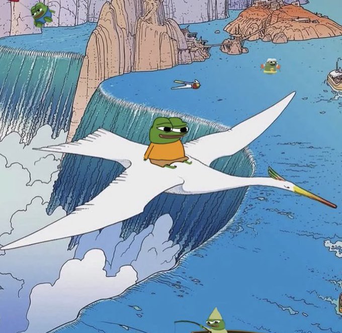 An artistic illustration of the Pepe the Frog meme character riding a white pterodactyl over a waterfall, with other Pepe variations visible in the background landscape.