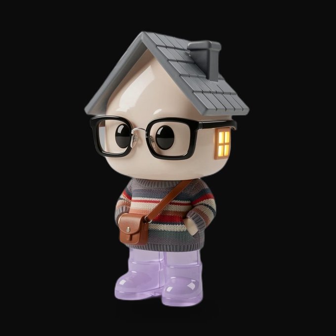 A 3D-rendered character stands against a black background, featuring a house-shaped head with a chimney, glasses, a striped sweater, and purple translucent shoes.