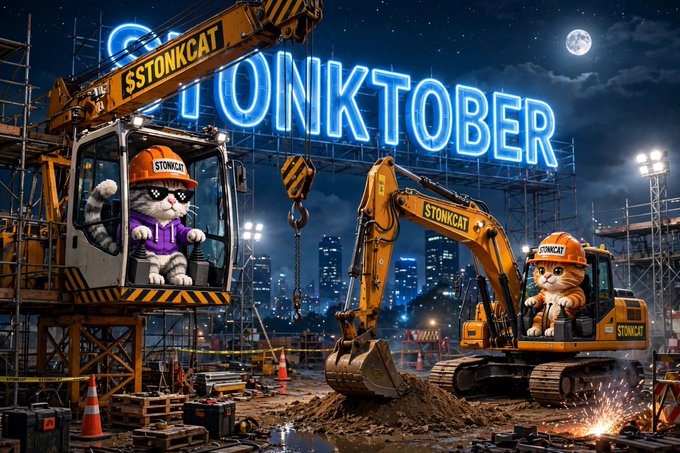 AI-generated artwork featuring cats in construction outfits and 'STONKCAT' branded heavy machinery under a 'STONKTOBER' neon sign.