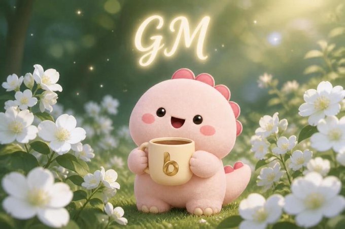A cheerful pink dinosaur character with tiny spikes holds a steaming coffee mug (marked with a "6") in a sunlit field of white flowers, beneath glowing "GM" text in the sky—visually illustrating the cheerful "Gm" (good morning) greeting.