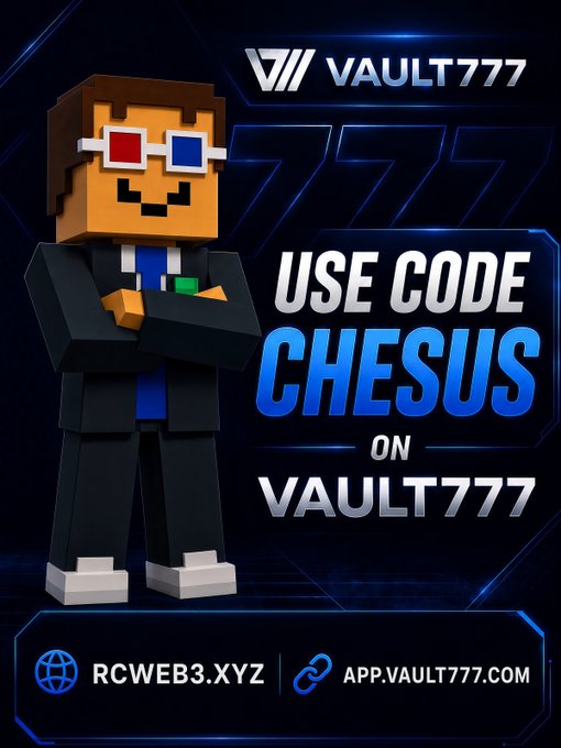 Promotional graphic featuring a blocky character with 3D glasses and the text 'VAULT 777 USE CODE CHESUS ON VAULT777', along with the URLs rcweb3.xyz and app.vault777.com.