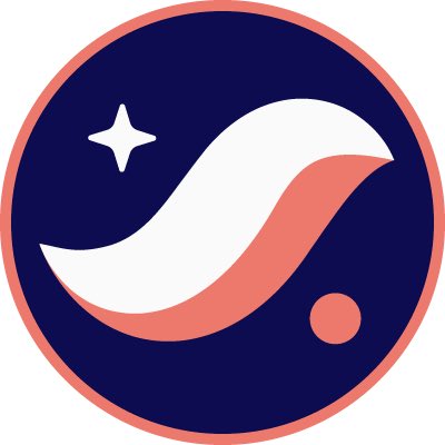 A circular logo featuring a dark navy background with a coral-pink border, depicting a stylized white and pink comet or shooting star with a four-pointed sparkle.