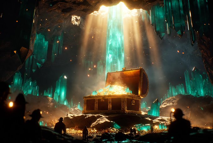 A dramatic digital illustration depicts a glowing treasure chest overflowing with gold amidst large teal crystals in a cave, with small silhouettes of figures watching the spectacle.