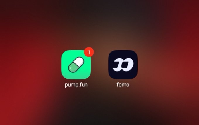 A smartphone screen displaying two app icons: a green pill icon labeled "pump.fun" with a red notification badge showing "1", and a black icon labeled "fomo" with a stylized white 'W'.