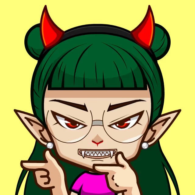 An anime-style illustration of a green-haired character with red horns, pointed ears, glasses, and fangs against a yellow background.