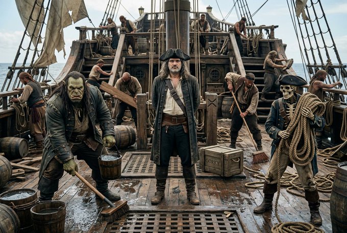 A digitally created scene of a pirate ship deck featuring a captain in a tricorn hat standing center, flanked by a troll-like creature holding a brush, a skeleton pirate holding rope, and various crew members working in the background.