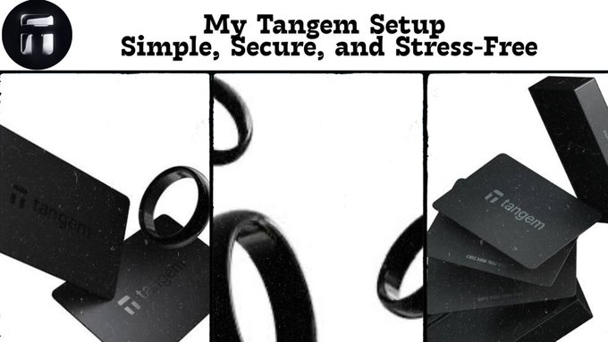 Tangem hardware wallets and rings are displayed in a triptych layout, showing the sleek black card-style devices and ring accessories with the "tangem" branding visible, supporting a post about the author's simple and secure crypto storage setup.
