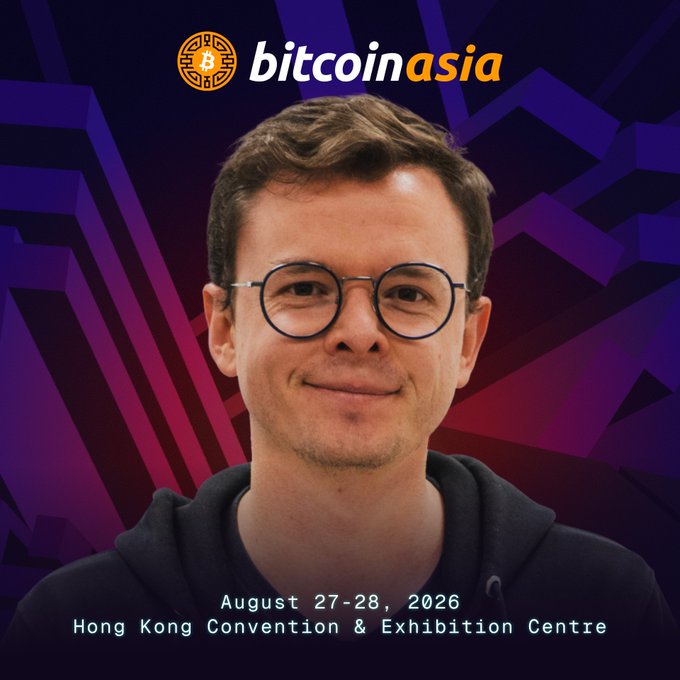 A promotional graphic for Bitcoin Asia 2026 features a headshot of Kevin Loaec, CEO & Co-Founder of Wizardsardine, wearing round glasses and a dark hoodie against a purple and pink geometric background. The image includes the Bitcoin Asia logo at the top and event details stating "August 27-28, 2026, Hong Kong Convention & Exhibition Centre," announcing him as a featured speaker who emphasizes Bitcoin's resilience as a reliable system.