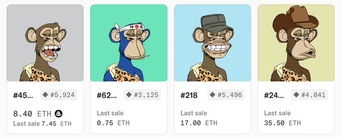 A collection of four Bored Ape Yacht Club-style NFT monkey portraits displaying various traits (bandana, captain's hat, fedora, cowboy hat) with prices ranging from 8.40 ETH to 35.50 ETH.