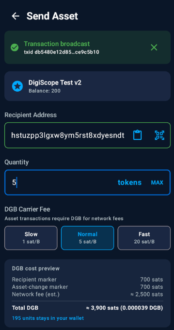 The image shows a cell phone screen displaying information about an asset transfer between two wallets, specifically for Digi-asset. The wallet sending the asset has sent the asset to the recipient's wallet, which is now waiting for the asset to arrive. The asset transfer process seems to be going smoothly and securely.