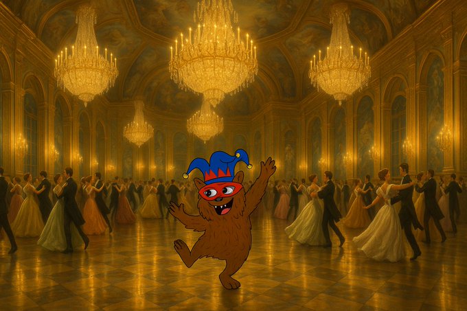 A furry cartoon jester with a red mask and blue hat dances enthusiastically in the center of a grand, golden ballroom filled with formally dressed couples waltzing beneath ornate chandeliers.

The whimsical jester cutting loose in a lavish palace ballroom visually echoes the post's theme—finding wonder ("a-maze-ing") in a dazzling stage-like world, yet the cartoonish, out-of-place figure hints at the illusion and confusion of mistaking spectacle for reality.
