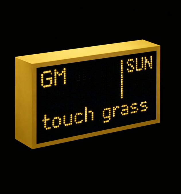 A yellow LED dot-matrix display reads "GM | SUN / touch grass," playing on cryptocurrency lingo with a playful reminder to go outside on Sunday. The phrase "touch grass" is internet slang urging someone to step away from screens and engage with the real world, fitting the "Sunday Reminder" theme.
