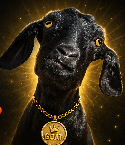 The image features a black goat wearing a gold chain and collar with a big, golden "Goat" logo on a gold coin. The goat appears to be gazing directly at the camera with an unusual expression, possibly appearing surprised or curious. The photo is taken from below, making the goat look larger than life in comparison to the background that consists of yellow rays and stars.