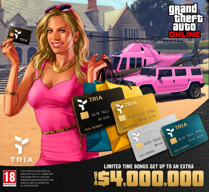 A promotional poster for 'Grand Theft Auto Online' featuring the 'TRIA' in-game credit cards, a pink helicopter and SUV, and text offering a limited time bonus of '$4,000,000'.