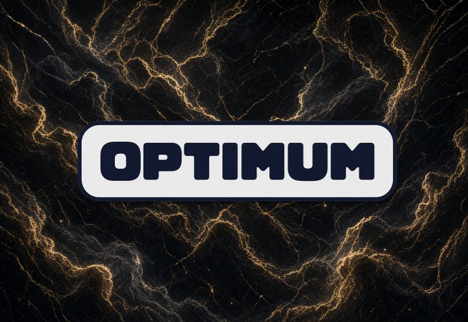 A graphic design featuring the word "OPTIMUM" in bold black letters inside a white rounded rectangle, set against a dark marble background with glowing golden veins.