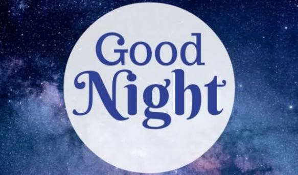 A full moon against a starry night sky background with the text 'Good Night' displayed in elegant blue serif and cursive lettering across its surface.