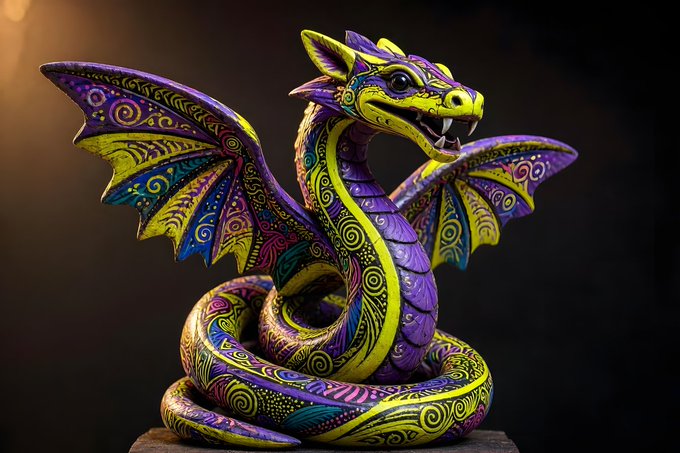 A colorful, intricately patterned sculpture of a dragon or serpentine creature with outspread wings, featuring vibrant purple, yellow, and teal designs against a dark background.