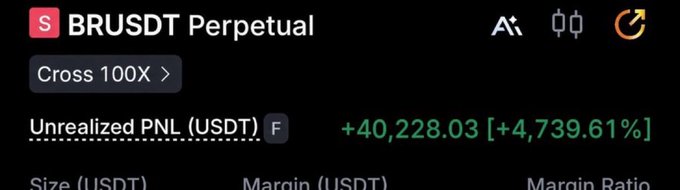 A trading app screenshot shows the BRUSDT Perpetual position with 100x Cross leverage and an unrealized PNL of +40,228.03 (+4,739.61%).